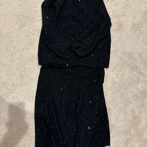 LOFT Black Glitter Long Sleeve Two-piece sweater skirt set.
